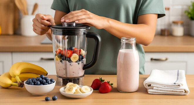Woman preparing a healthy fruit smoothie with fresh berries and bananas in a modern kitchen - Powered by Adobe