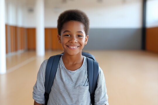 Smiling african american elementary schoolboy with backpack standing in school gym. Happy young student looking at camera during break in spacious indoor hall