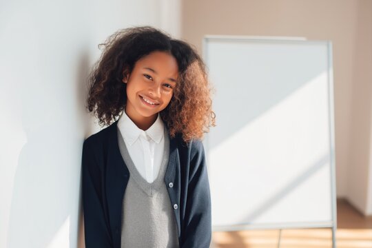 Cheerful mixed race schoolgirl smiling in classroom near whiteboard. Happy young female student wearing school uniform posing in bright educational space