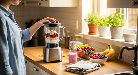A woman prepares a healthy and delicious fresh fruit smoothie in a bright, sunlit kitchen