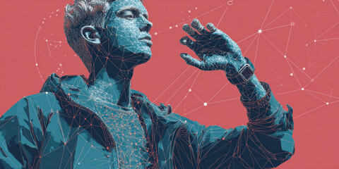 Digital illustration of person wearing wearable health monitoring device, with futuristic and innovative design, set against red background. image conveys sense of technological advancement