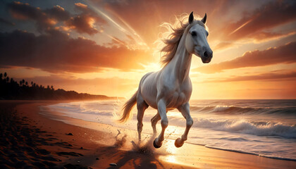White horse running along the beach at sunset 