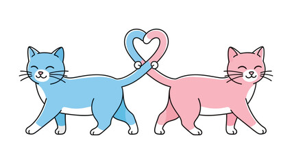 Love in Purr-adise: Two adorable cats, one in a cheerful blue hue and the other in a sweet pink, joyfully connect their tails to form a heart. Capturing the essence of friendship, companionship.