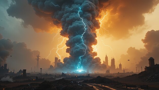 Dramatic lightning strike over dystopian city skyline creates a powerful, visually stunning, apocalyptic scene - Powered by Adobe