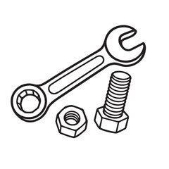 Vector illustration of a wrench holding a bolt and nut, designed in black and white with strong black outline emphasizing industrial mechanical concept.