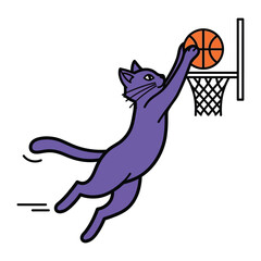 Slam Dunking Cat: A whimsical and energetic illustration captures a purple cat in mid-air, performing a slam dunk with a basketball against a crisp backdrop. © Jannat