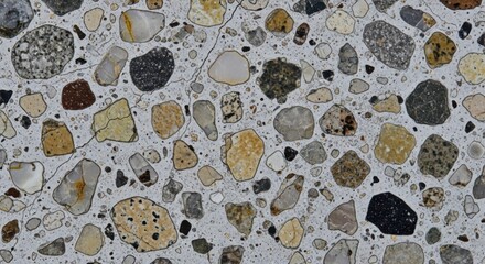Polished terrazzo flooring surface featuring an aggregate of small stones and pebbles in a close