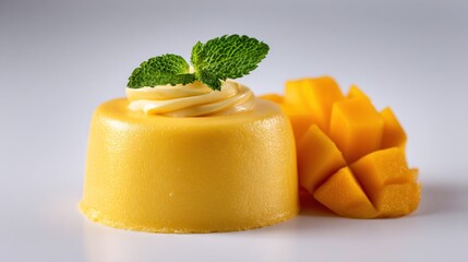 and keyword list based on the image, following your specifications

 Mango Dessert with Cream Topping and Mint Garnish on a White Surface Table