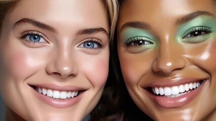 Happy smiling beautiful women with glamour makeup and happy smile posing on fashion show in slow motion zoom out video.Macro.AI Generative. - Powered by Adobe