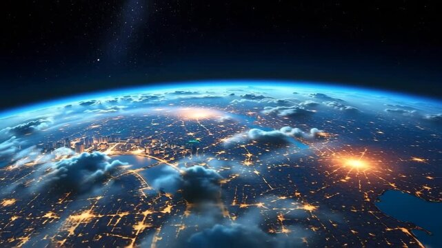 Video of moving satellite with view from space on night city through clouds panoramic angle.Slow motion video zooming in and out.AI Generative