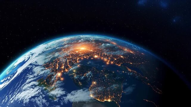 Video of moving satellite with view from space on night city through clouds panoramic angle.Slow motion video zooming in and out.AI Generative