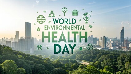 World Environmental Health Day, Clean City Skyline with Green Spaces.
