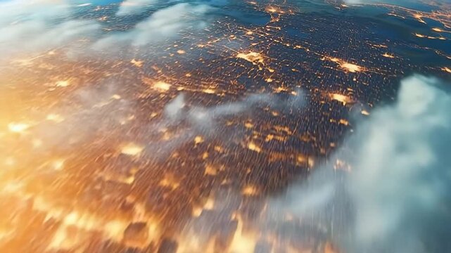 Video of moving satellite with view from space on night city through clouds panoramic angle.Slow motion video zooming in and out.AI Generative