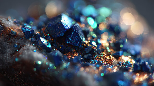 Vibrant macro shot of glittering blue cobalt ore with golden flecks
