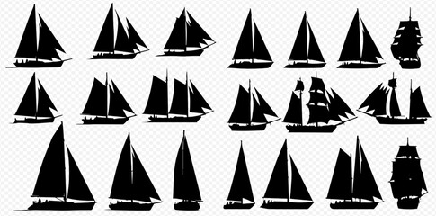 A comprehensive collection of black silhouettes showcasing various types of sailing boats and historic ships.