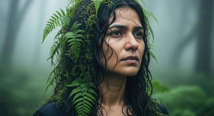 Ethereal woman with forest foliage woven into her hair in misty woods