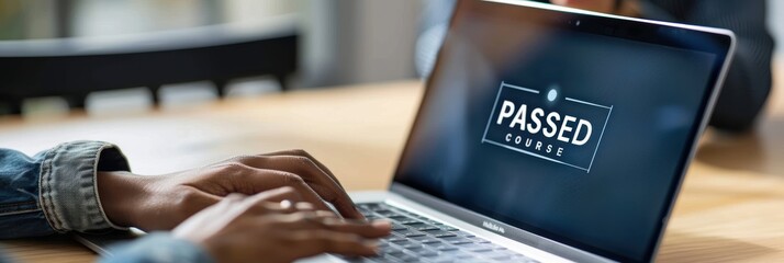 Typing on a computer with success message "PASSED COURSE" on display