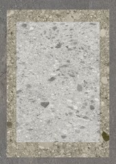 Close-up view of a textured stone surface with embedded mineral fragments and a rectangular border.