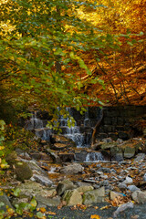 Mountain waterfall close-up with clear flowing water over rocks and autumn leaves, peaceful nature landscape in fall season