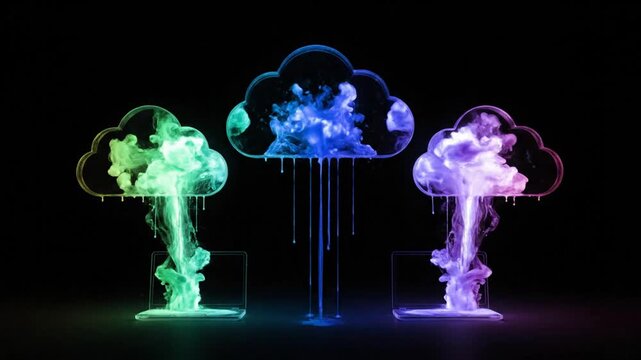 Three glowing glass clouds filled with ink illustrating multicloud architecture data sync and migration