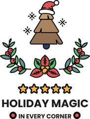 A black and white Christmas tree with a bell on top and a wreath around it