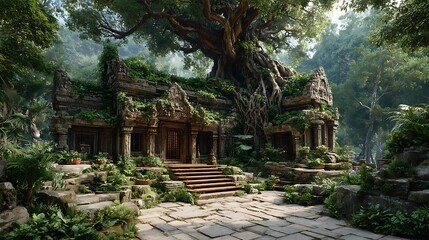 Massive tree roots piercing ancient reactor ruins green and black contrast theme