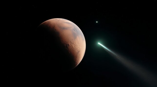 Cosmic Encounter: A celestial ballet unfolds as a vibrant comet streaks across the canvas of space, gracefully dancing near the rusty orb of a planet. Awe-inspiring and a reminder of the vastness