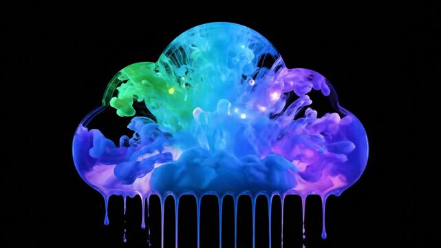 Vivid ink swirling inside glass cloud icon symbolising cloud computing data flow upload and download