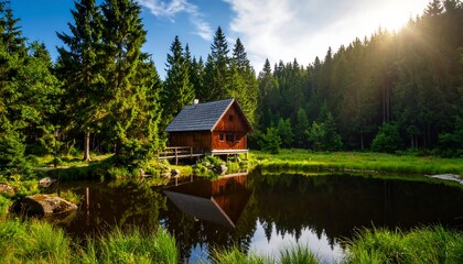 Obraz premium Cabin by a pond in a forest