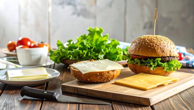 Gourmet burger ingredients on a wooden board - Powered by Adobe