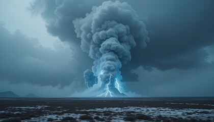 Dramatic volcanic eruption with powerful lightning strikes under a stormy sky creates a surreal landscape