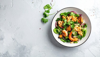 Shrimp Salad with Greens and Onions in Bowl