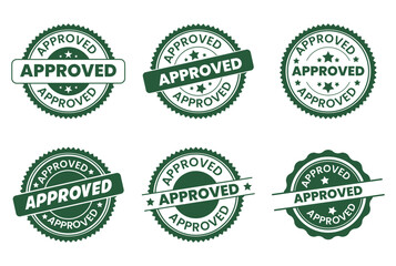 Collection of six green approved rubber stamps isolated on transparent background