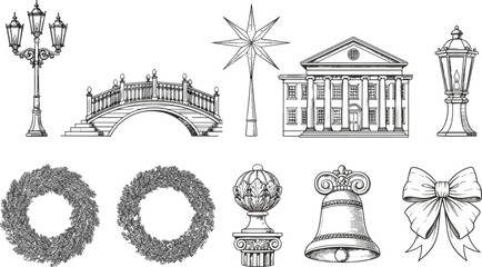 Vintage Christmas street decorations, hand drawn cityscape elements, holiday wreaths, bridge, lamp posts, architecture, bell, bow illustrations.