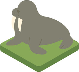 A cute isometric cartoon walrus with tusks on a green square platform.