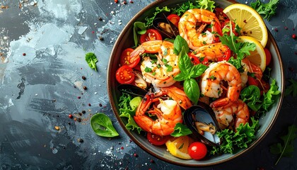 Shrimp and Greens Salad Bowl with Lemon Garnish