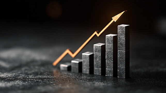 A close-up of a bar graph with increasing values. The bars are dark and the graph features an upward arrow in orange, symbolizing growth and progress.
