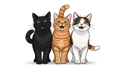 Happy Cats in a Row: Three vibrant and playful cats, each with unique coats and personalities, stand side by side in an engaging illustration, radiating joy and companionship. 