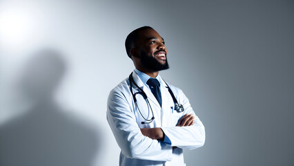 Medical professional in a white coat smiles confidently in a well-lit room during a healthcare consultation in the evening