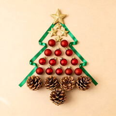 Festive decoration with red ornaments and pinecones arranged in the shape of a Christmas tree on a light background