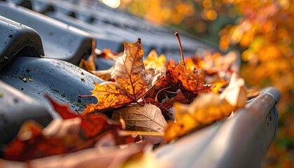 Autumn Leaves Clogged in Gutter on Dark Roof
