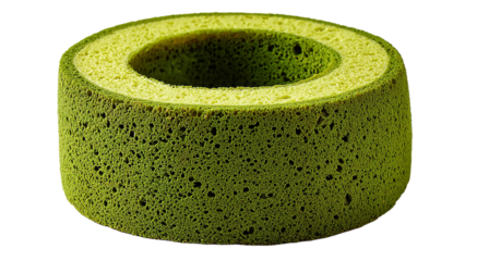 Close up of a green matcha chiffon cake with a hole in the center isolated on transparent background