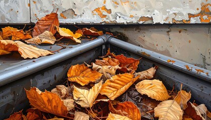 Autumn Leaves Clogged in Gutter Close Up