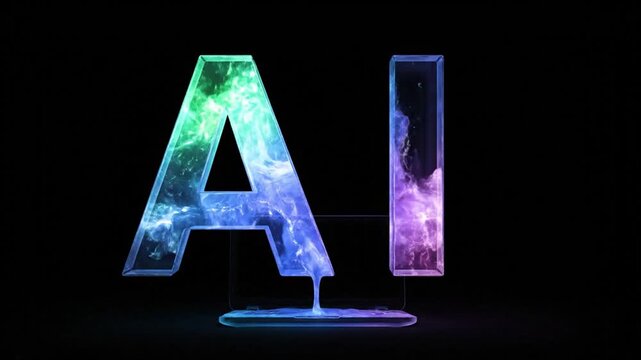 Bold AI typography in glass with drifting ink representing generative models cloud GPUs and innovation