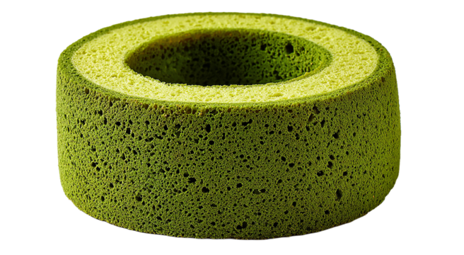 Close up of a green matcha chiffon cake with a hole in the center isolated on transparent background