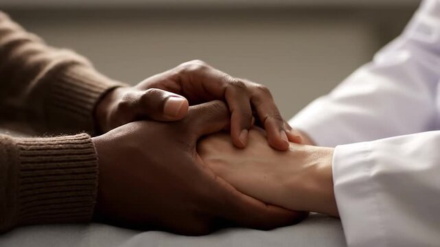 Doctor s comforting hands gently holding a patient s hand showing empathy and care during a difficult time