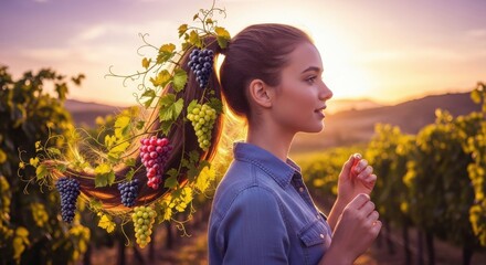 Serene woman contemplates vineyard sunset with lush grapes golden hour