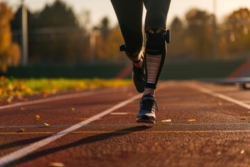Adaptive athlete with prosthetic leg running on track. Inspirational sports moment
