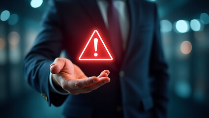 Glowing red digital alert icon appears on a futuristic screen held by a businessman, symbolizing financial risk, cybersecurity, data protection, and business threats. It represents security warnings.