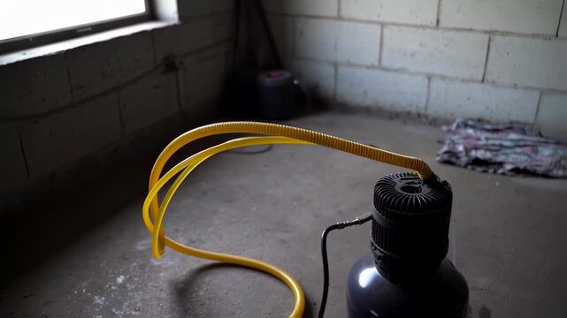Air compressor with yellow hose in a storage room under natural light